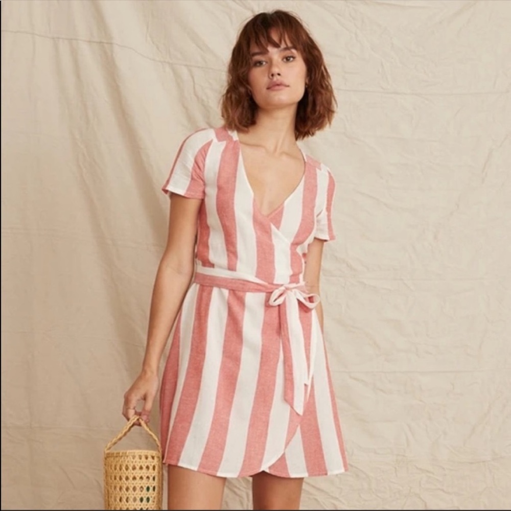 MARINE LAYER NWOT Frances Red & White Striped Linen Tencel True Wrap Dress - Picture 4 of 9
